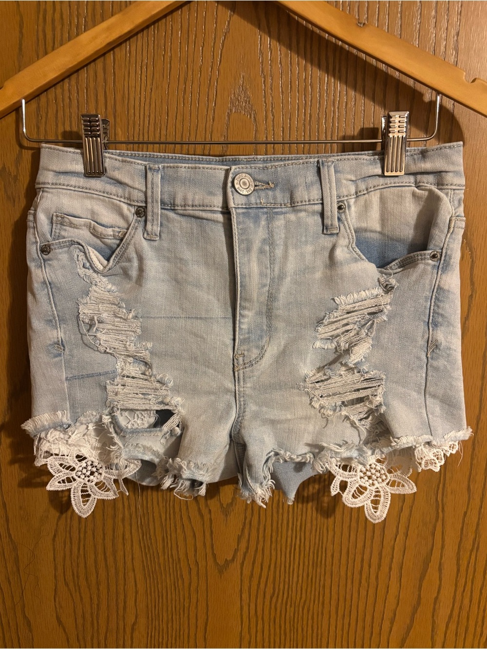 Mudd Light Blue Distressed Denim Shorts with White Lace